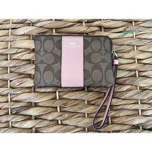 Coach Corner Zip Wristlet Signature Canvas Brown Pink Stripe F58035